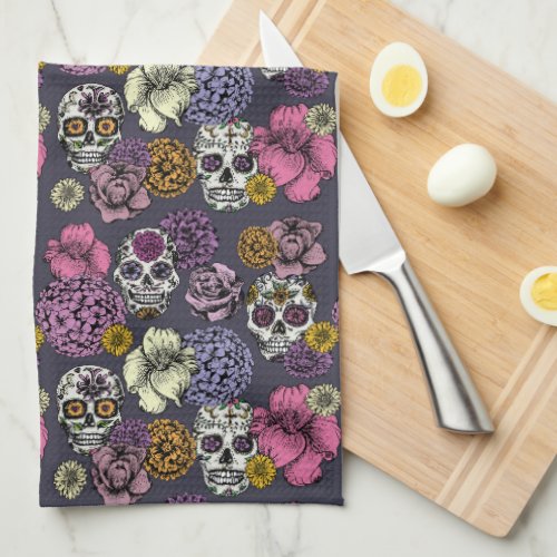 Cool  Colorful Floral Sugar Skulls Design Kitchen Towel