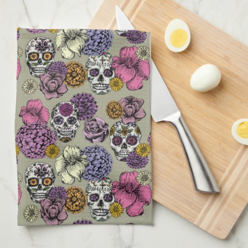 Cool  Colorful Floral Sugar Skulls Design Kitchen Towel
