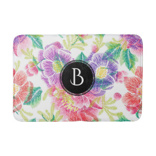 Cool Colorful Flowers Pattern Monogram Bathroom Mat