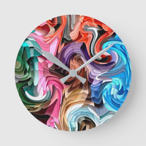 Cool Colorful Fluid Patchwork Abstract Mosaic   Round Clock