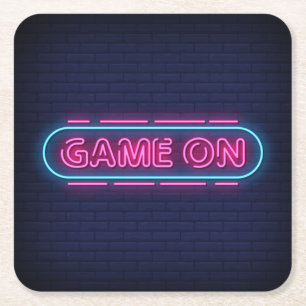 Cool & Colorful Game On Simulated Neon Sign Square Paper Coaster