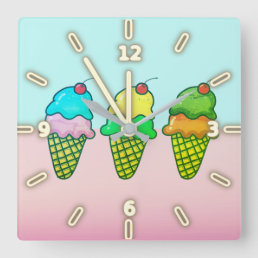 Cool Colorful Ice Cream Cones Square Wall Clock