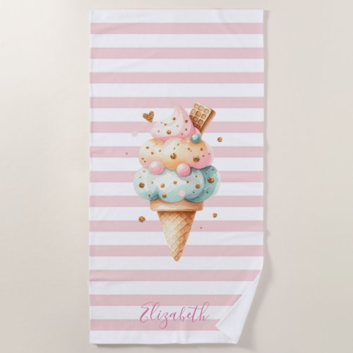 Cool Colorful Ice Cream Pink Stripes Beach Towel