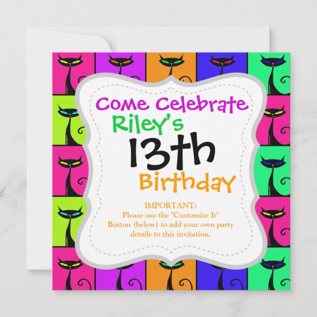 Cool Colorful Kitty Cat Pop Art Invitation (Front)