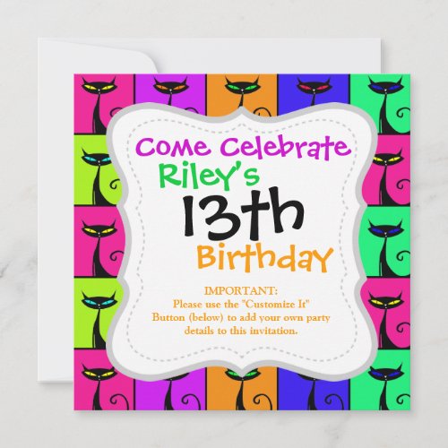 Cool Colorful Kitty Cat Pop Art Invitation