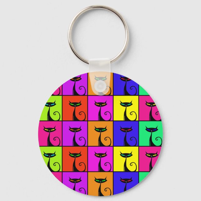 Cool Colorful Kitty Cat Pop Art Keychain (Front)