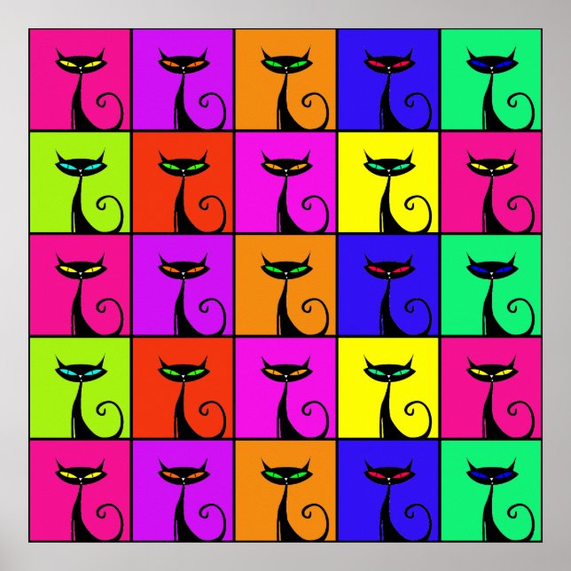 Cool Colorful Kitty Cat Pop Art Squares Poster (Front)