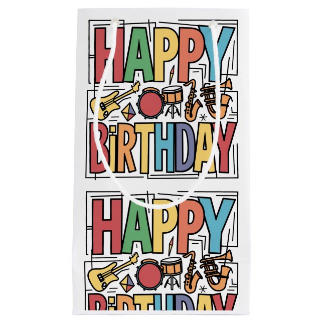 Cool Colorful Musical Instruments Happy Birthday Small Gift Bag (Front)