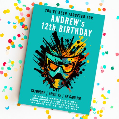 Cool Colorful Paintball Splatter Turquoise Party Invitation