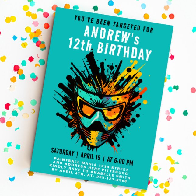 Cool Colorful Paintball Splatter Turquoise Teen Invitation (Creator Uploaded)
