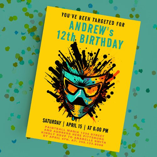 Cool Colorful Paintball Splatter Yellow Party Invitation