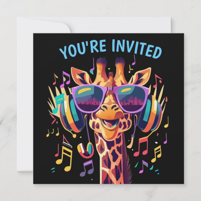 Cool Colorful Party Giraffe with Headphones  Invitation (Front)