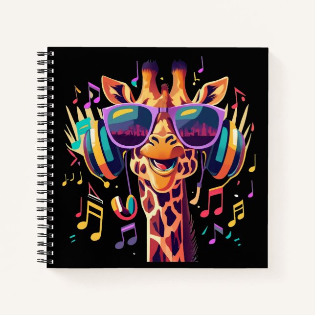 Cool Colorful Party Giraffe with Headphones  Notebook (Front)