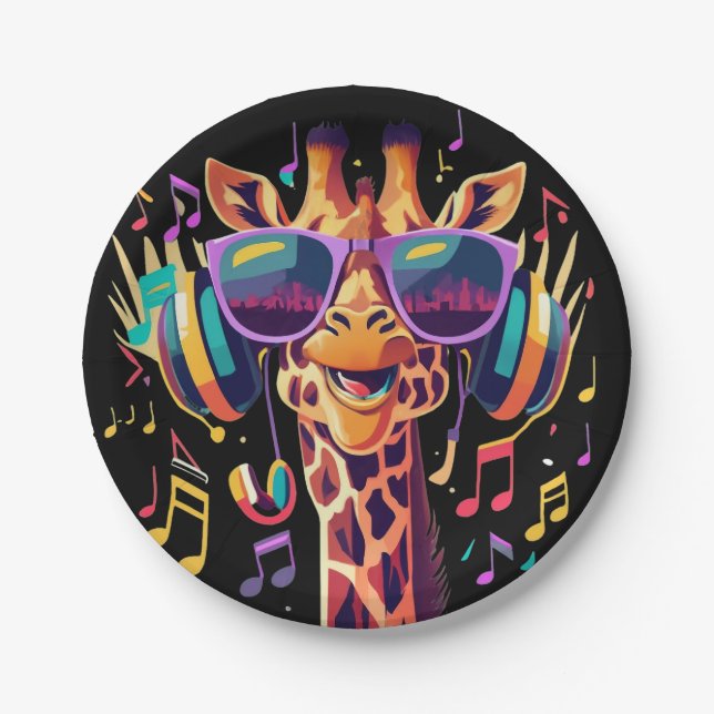 Cool Colorful Party Giraffe with Headphones  Paper Plates (Front)