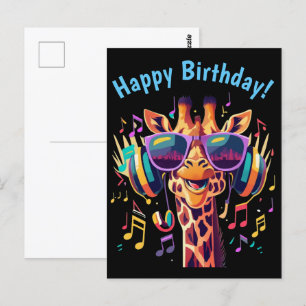 Cool Colorful Party Giraffe with Headphones Postcard