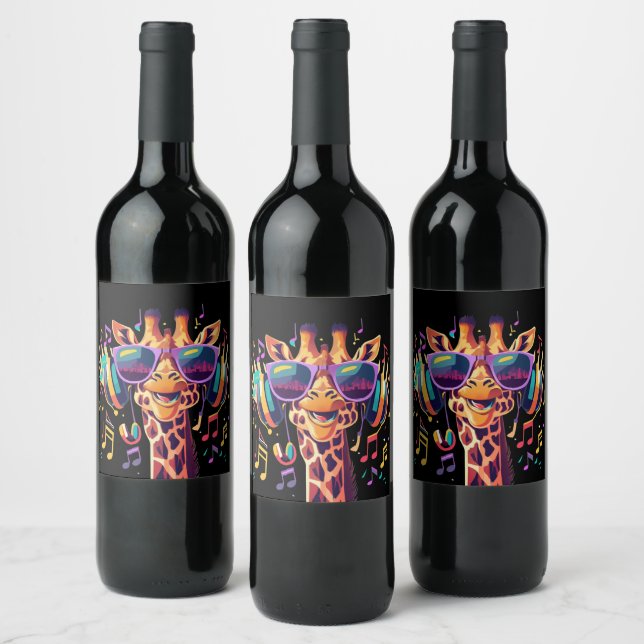 Cool Colorful Party Giraffe with Headphones  Wine Label (Bottles)