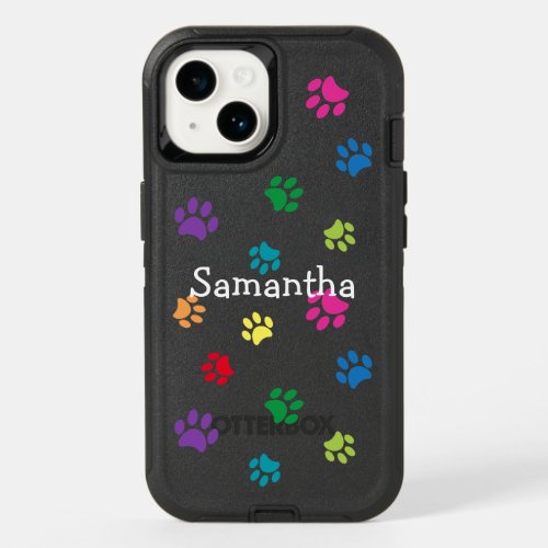 Cool Colorful Paw Prints Black Personalized OtterBox iPhone 14 Case