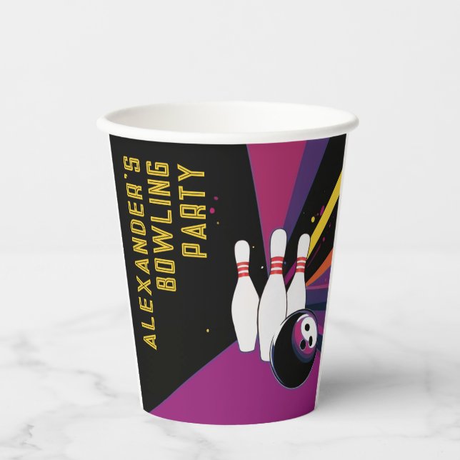 Cool Colorful Purple Bowling Birthday Party Name Paper Cups (Front)