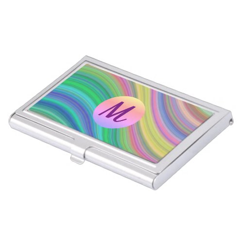 Cool Colorful Rainbow Waves Monogram  Business Card Case