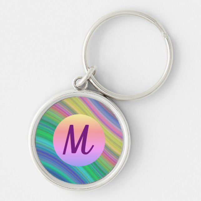 Cool Colorful Rainbow Waves Monogram Keychain (Front)