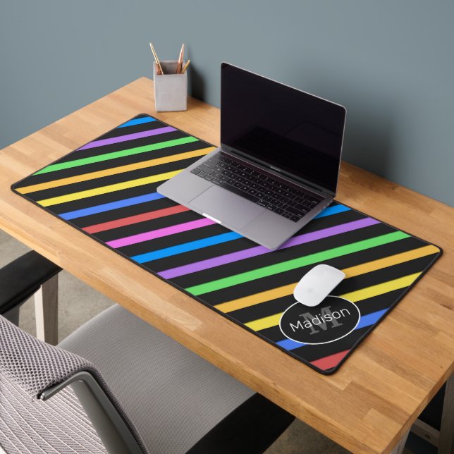 Cool colorful retro stripes geometric Monogram Desk Mat (Office 2)