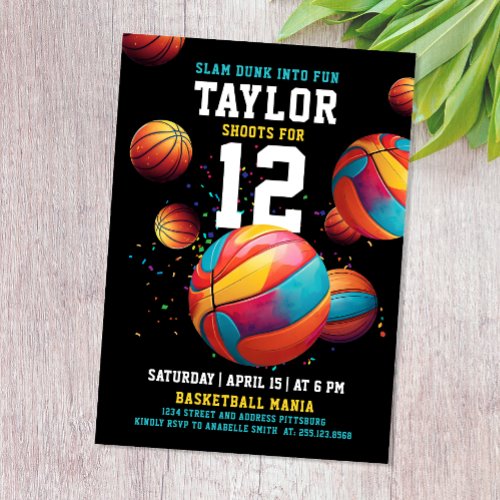 Cool Colorful Sport Basketball Birthday Party Invitation