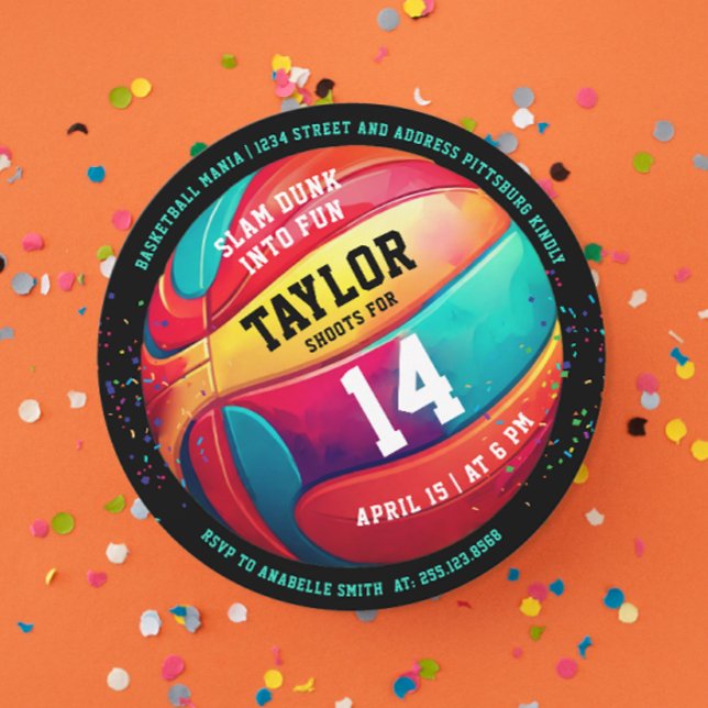 Cool Colorful Sport Black Basketball Party Invitation (Creator Uploaded)