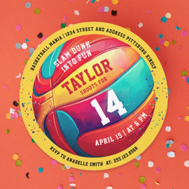 Cool Colorful Sport Slam Dunk Yellow Basketball   Invitation (Creator Uploaded)