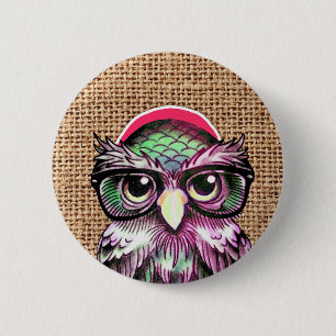 Cool Colorful Tattoo Wise Owl With Funny Glasses Pinback Button