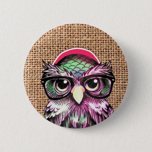 Cool  Colorful Tattoo Wise Owl With Funny Glasses Pinback Button