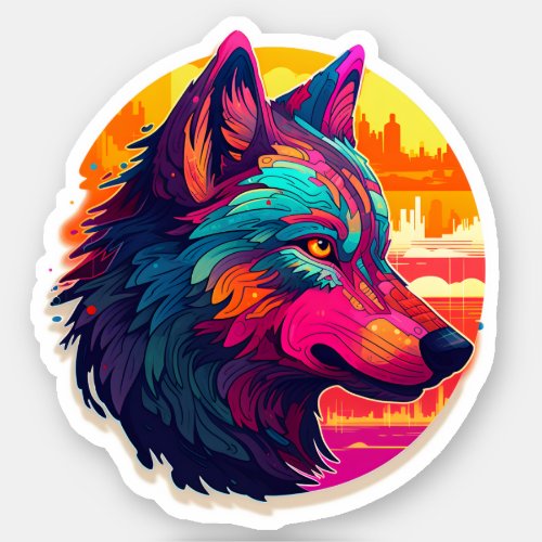 Cool Colorful Wolf Face Adorable Wild Animal  Sticker