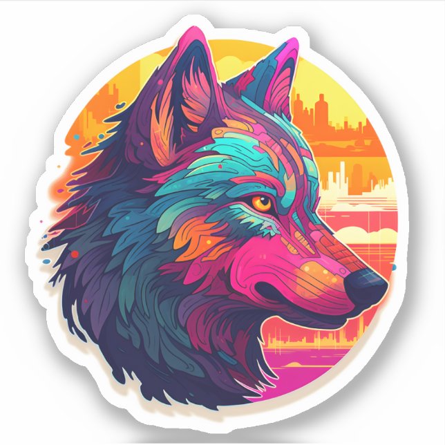 Cool Colorful Wolf Face Adorable Wild Animal  Sticker (Front)