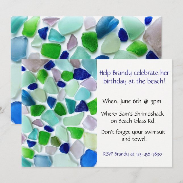 Cool Colors Sea Glass Beach Party Invitation (Front/Back)