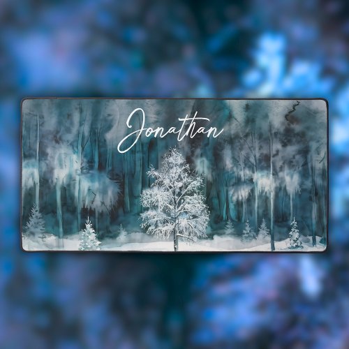 Cool Colors Watercolor Winter Landscape Desk Mat