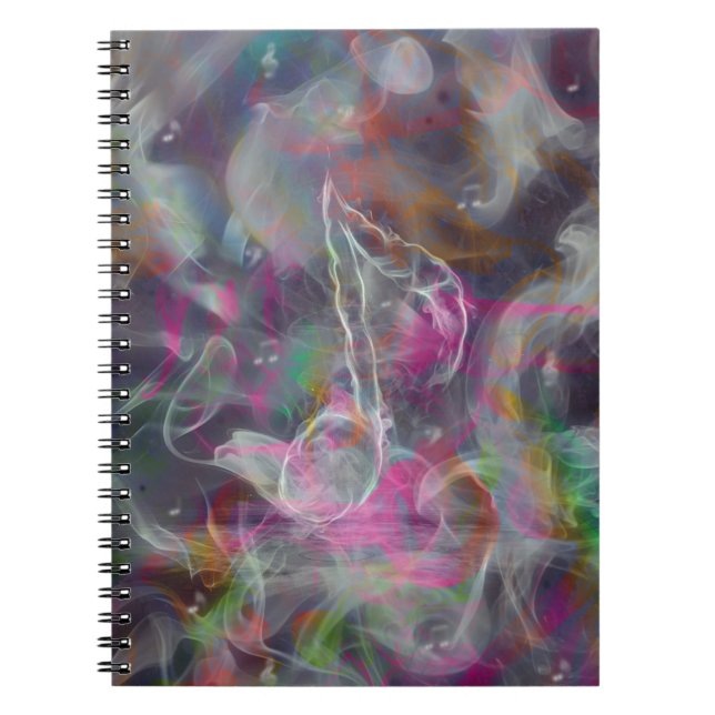 Cool colourful glow smoke effects white music note notebook (Front)