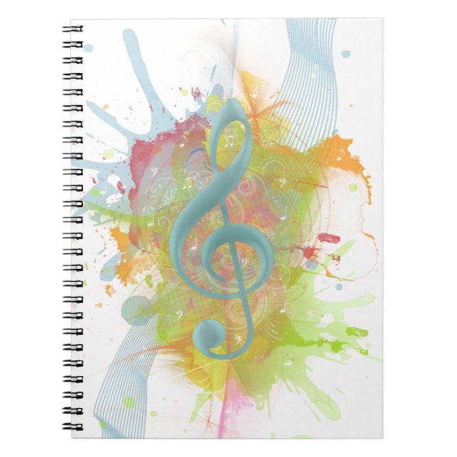 Cool colourful watercolour splatters music notes notebook (Front)