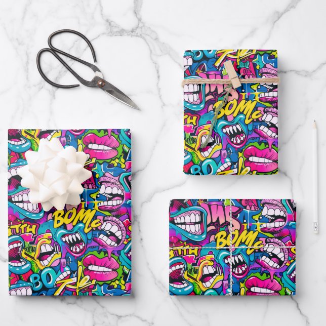 Cool comic graffiti tiled pattern  wrapping paper sheets (Front)