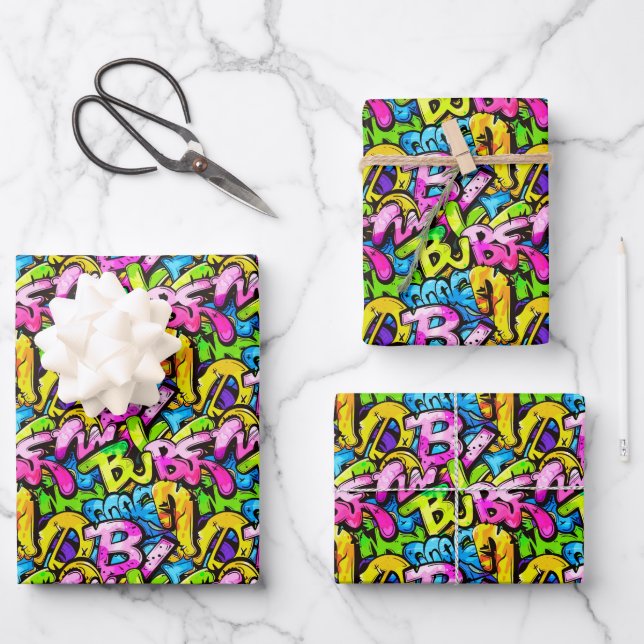 Cool comic graffiti tiled pattern  wrapping paper sheets (Front)