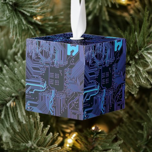Cool Computer Circuit Board Blue Cube Ornament