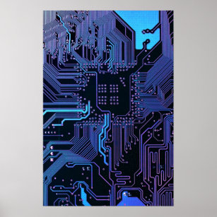 Cool Computer Circuit Board Blue Poster