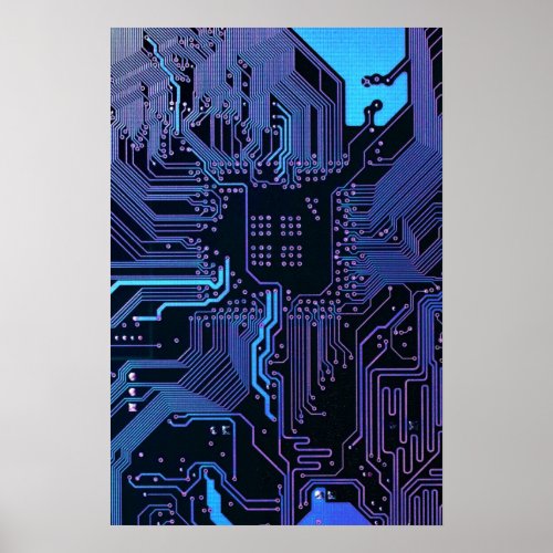 Cool Computer Circuit Board Blue Poster