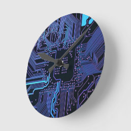 Cool Computer Circuit Board Blue Round Clock