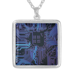 Cool Computer Circuit Board Blue Silver Plated Necklace