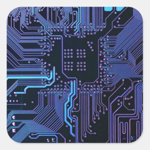 Cool Computer Circuit Board Blue Square Sticker