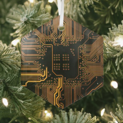 Cool Computer Circuit Board Orange Glass Ornament