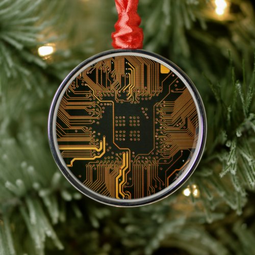 Cool Computer Circuit Board Orange Metal Ornament