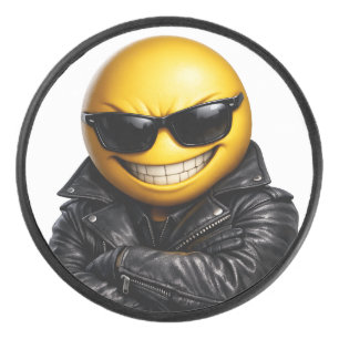 Cool Confident Emoji Leather Jacket Hockey Puck