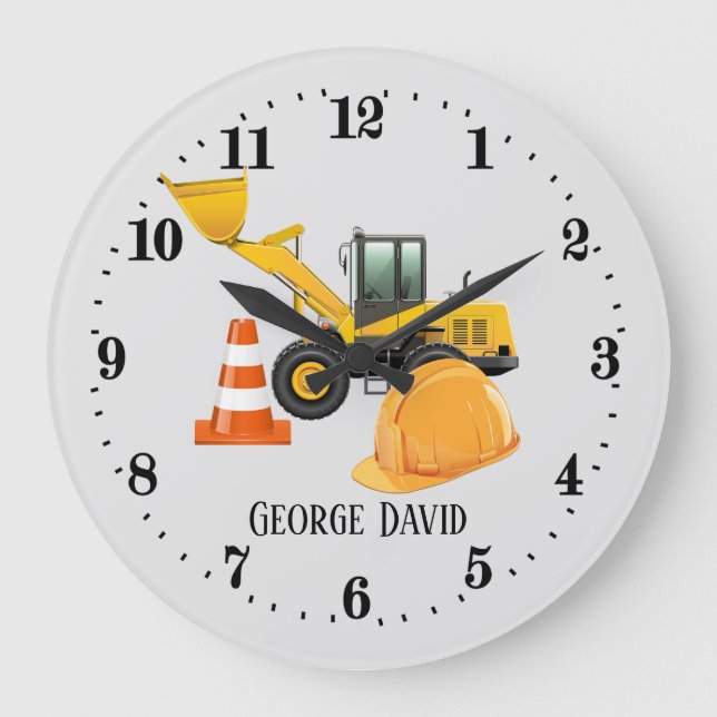 cool construction digger add name large clock (Front)
