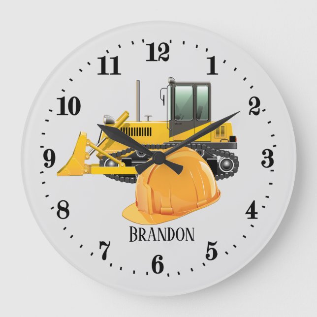 cool construction digger add name large clock (Front)