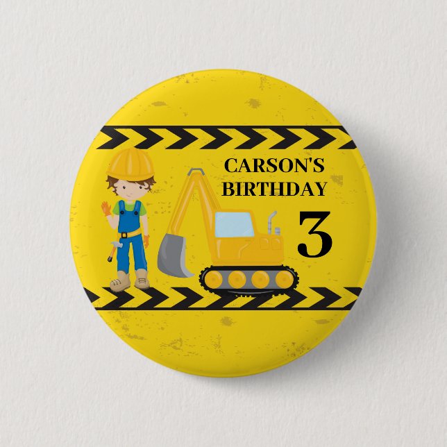 Cool Construction Excavator Custom Birthday Boy Button (Front)